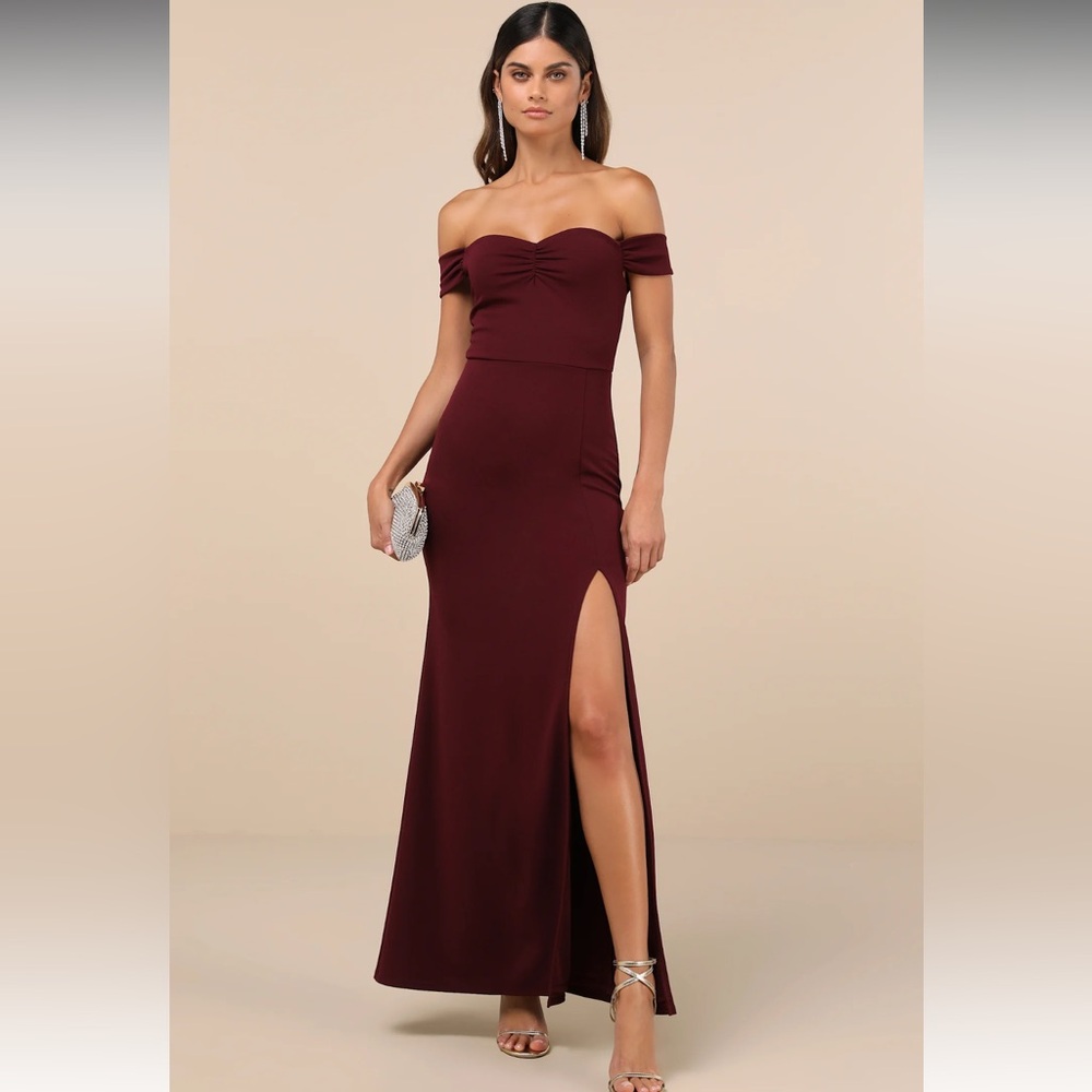 NWT LULU’s Beyond Excellent Wine Red Off-the-Shoulder Mermaid Maxi Dress